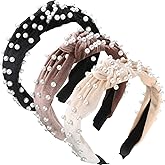 WILLBOND 3 Pieces Pearls Headband Knotted Headband for Women Velvet Pearls Headwear for Woman Hair Accessories (Beige, Pale Mauve, Black)