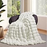 Lotus Karen Faux Fur Throw Blanket Cream White - Big Bubble Rabbit Fluff Blanket for Couch, Small Fluffy Fuzzy Cozy Blanket, Thick Furry Plush Shaggy Blankets, 50x60 Inches