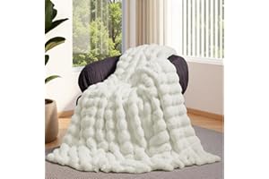 Lotus Karen Couverture en fausse fourrure blanc crème – Couverture en peluche lapin à grosses bulles pour canapé, petite couv