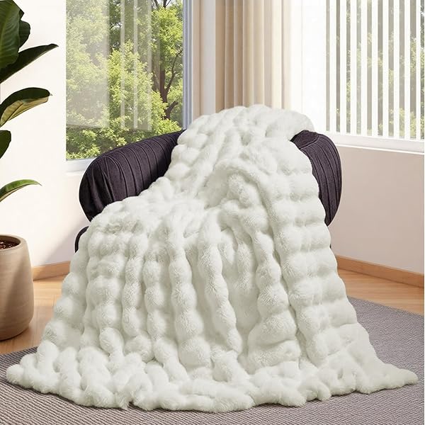 LOTUS KAREN FAUX FUR THROW BLANKET CREAM WHITE – BIG BUBBLE RABBIT FLUFF BLANKET FOR COUCH, SMALL FLUFFY FUZZY COZY BLANKET, THICK FURRY PLUSH SHAGGY BLANKETS, 50X60 INCHES
