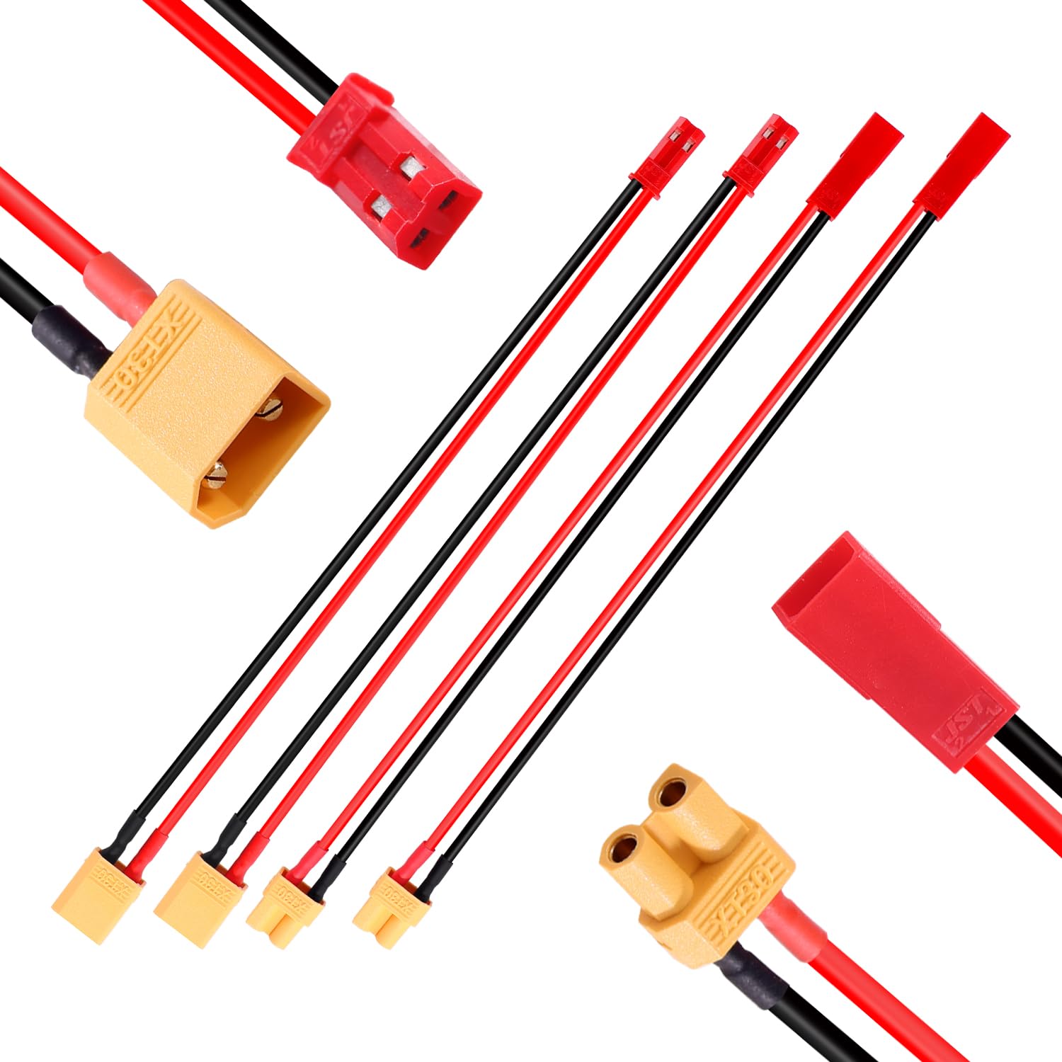 Lyeteung 4 PCS JST to XT30 Adapter Cable, XT30 Male / Female to JST Male / Female Connector, with 15cm 20AWG Silicone Cable, for RC LiPo Battery