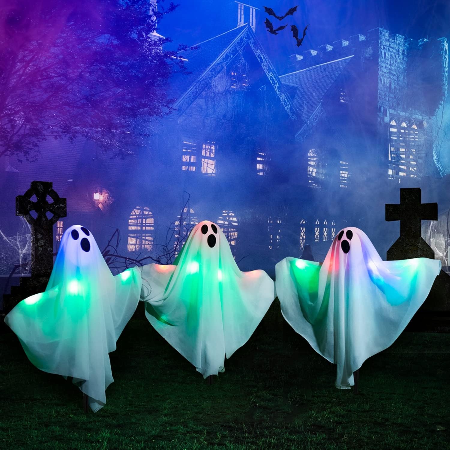 Decorative Garden Stakes - YoleShy Halloween Ghost Yard Stakes with Light Up, Set of 3 Halloween Ghost Decorations, Halloween Yard Stakes for Outdoor Decorations, Halloween Yard Decoration Haunted House Decoration
