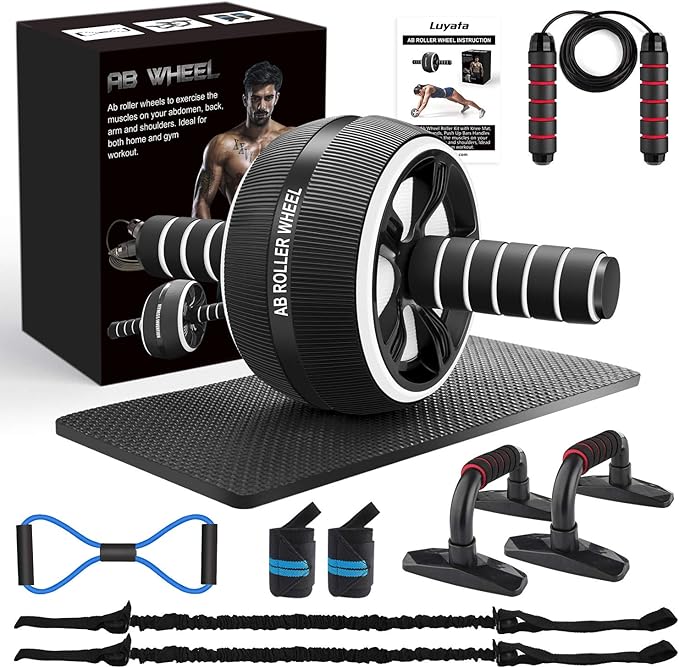 Kognita 4in1 Ab Wheel Roller Set with Pushup Bars Jump Rope Resistance Band Abs Workout