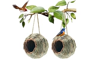 WDEFUN Humming Bird Houses for Outdoor Hanging, Natural Grass Bird Hut,Hand Woven Hummingbird Nest,Wren Finch Bird House for Garden Window Outdoor Home 2 Pack
