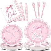 96PCS Pink Bow One Year Old Paper Plates and Napkins, Pink 1st Birthday Party Decorations for Girls Birthday Party Disposable Dinner Dessert Plates, Baby Shower Coquette Tableware Decor, Serves 24