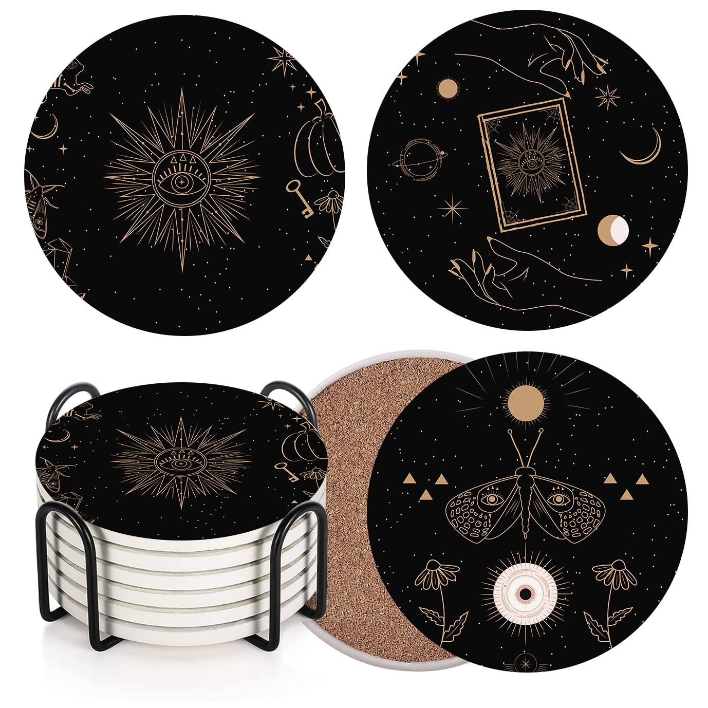 Photo 1 of Britimes Table Coaster for Drinks Set of 6, Cute Black Mystical Skulls Animals Magic Coffee Absorbent Round Ceramic Stone Mat, with Cork Base and Metal Holder, Gift for Housewarming Room Bar Decor