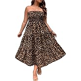 Floerns Women's Plus Size Sleeveless Leopard Print Shirred Tube Ruffle Hem A Line Dress