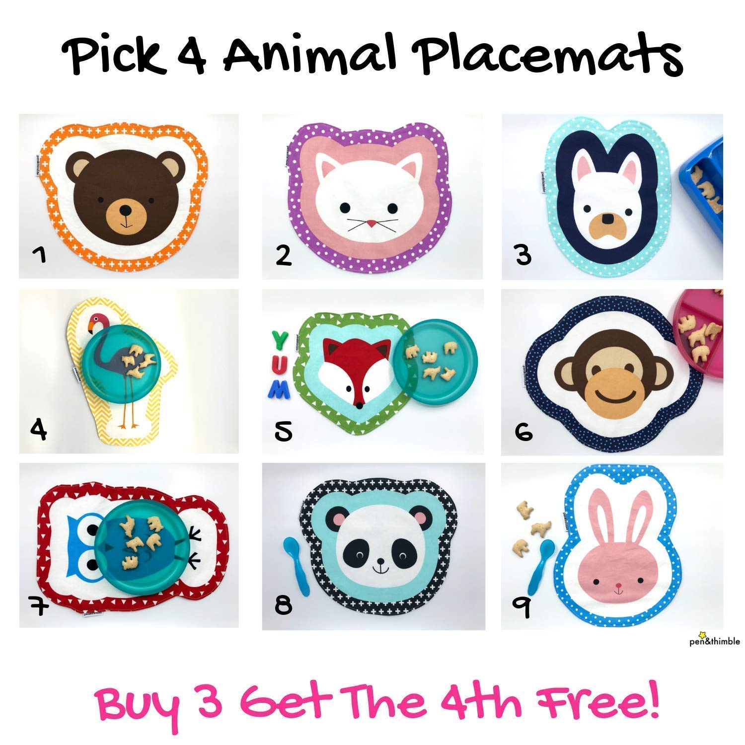 Four Animal Placemats Kids Reusable Party Table Decor