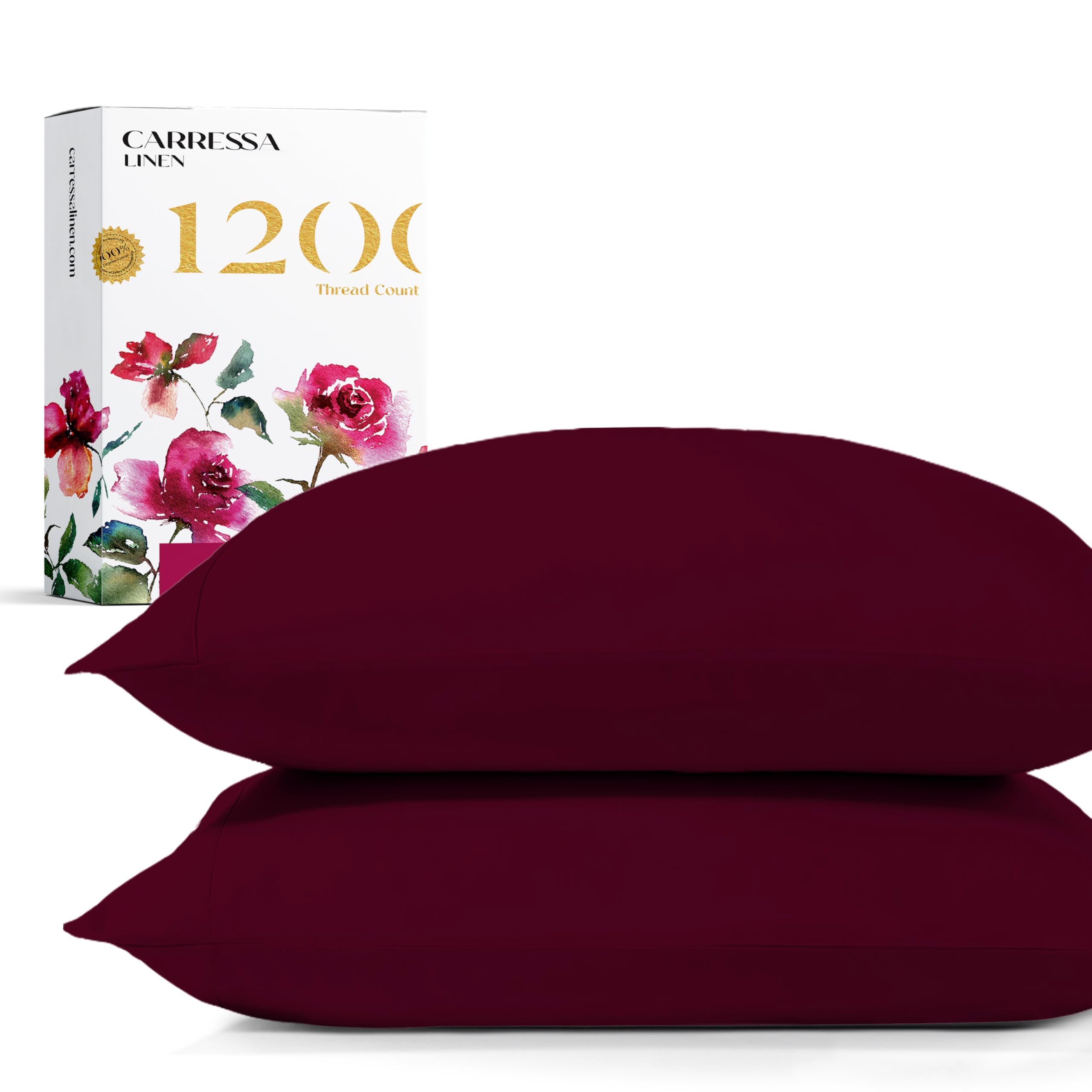 Photo 1 of Carressa Linen 1200 TC Burgundy Queen Pillowcase Set of 2, Extra Long Staple 100% Egyptian Cotton Pillow Cover for Sleeping, Soft & Silky Premium Sateen Weave Pillowcase for Bed Pillows