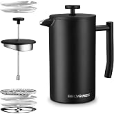 French Press Coffee Maker, 34oz Insulated Stainless Steel, Matte Black | Keeps Coffee Hot for Hours, Reusable Filter for Tea or Cold Brew, Coffee Lover Gift for Camping Cabin RV, Prensa Francesa