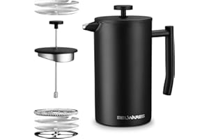 BELWARES French Press Coffee Maker 34 Oz - Insulated Coffee Press Stainless Steel 304 - Double Wall & 4 Level Filtration System (1 Liter) - Black