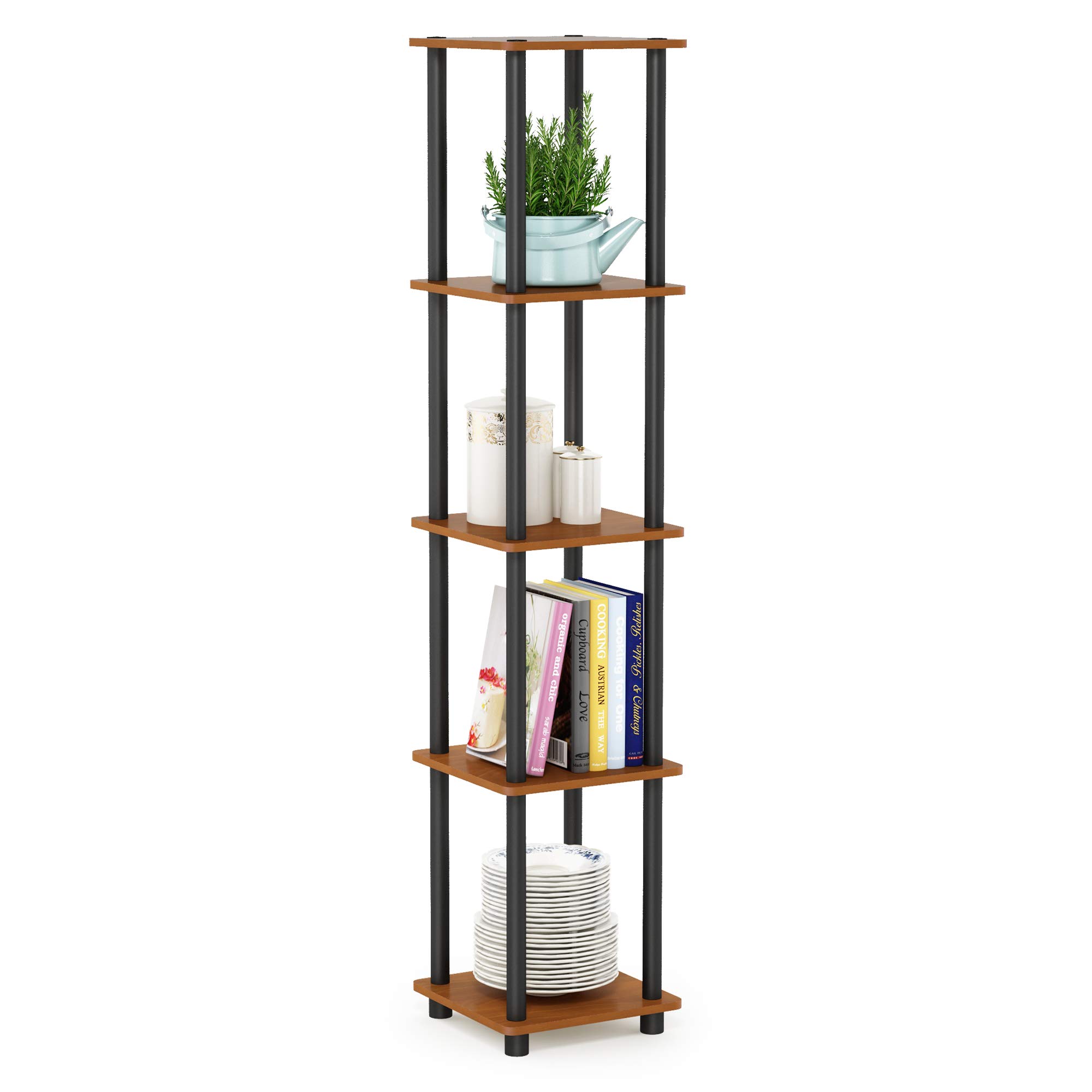 Furinno TURN-N-TUBE Storage Shelves, 5-Tier Square Book Shelf, Corner Shelf, Toolless Open Shelves, Round Tubes, for Organization and Storage, Living Room, Garage, Home Office, Light Cherry