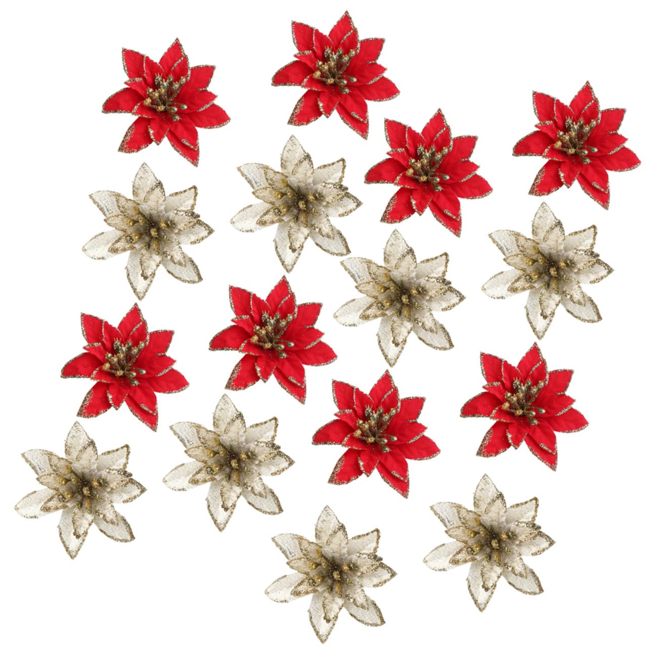 TOYANDONA 24pcs Christmas Glitter Poinsettia Artificial Faux Poinsettia Flowers Christmas Tree Ornaments Hanging Decoration for Wedding Holiday Wreath Decor