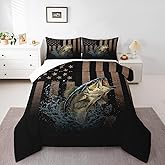 Feelyou American Flag Bedding Set Fishing and Hunting Comforter Set for Kids Boys Girls Teens Room Decor Pike Fish Comforter Twin Size Rustic Wooden Duvet Set 2Pcs