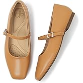 Bebxufa Women's Square Toe Mary Jane Ballet Flats Shoes with Adjustable Strap, Slip On Comfortable Work Flats, Soft Leather Dressy Shoes