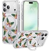 CASEKOO Floral Series Dancing Butterfly for iPhone 17 Pro Max Case with Magnetic Ring Stand [Compatible with MagSafe] [Military-Grade Protection] Fashion Clear Back, Soft Edge, for Women