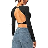 Coloquin Women Open Back Top Going Out Tops Long Sleeve Ribbed Backless Top Shirt