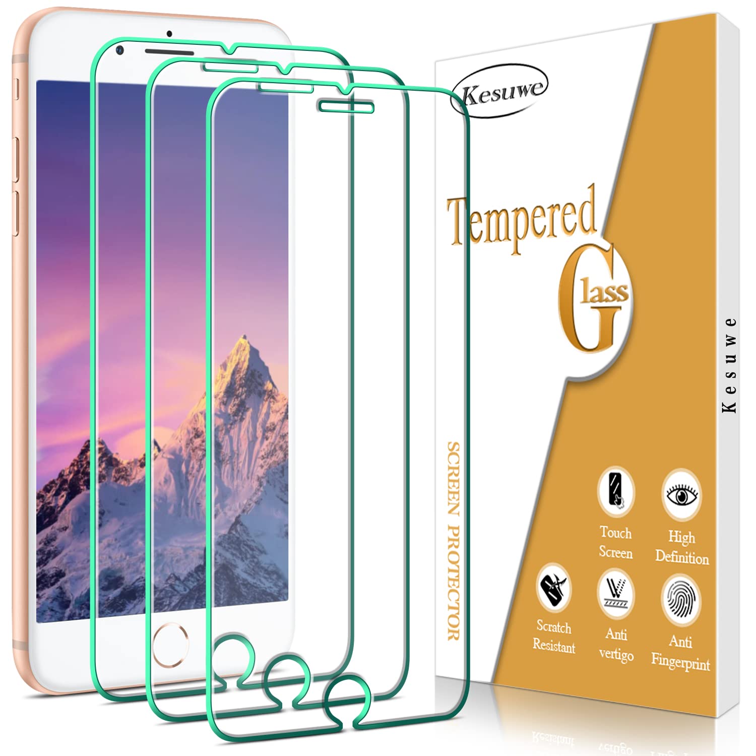 Kesuwe [3 Pack] Screen Protector for iPhone 8 Plus, 7 Plus, 6s Plus, 6 Plus, 9H Hardness Tempered Glass, Anti Scratch, Anti Fingerprint, Easy Installation, Bubble Free — image 1