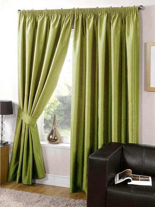 Faux Silk Curtains Fully Lined Plain Lime Green Curtains Pencil Pleat