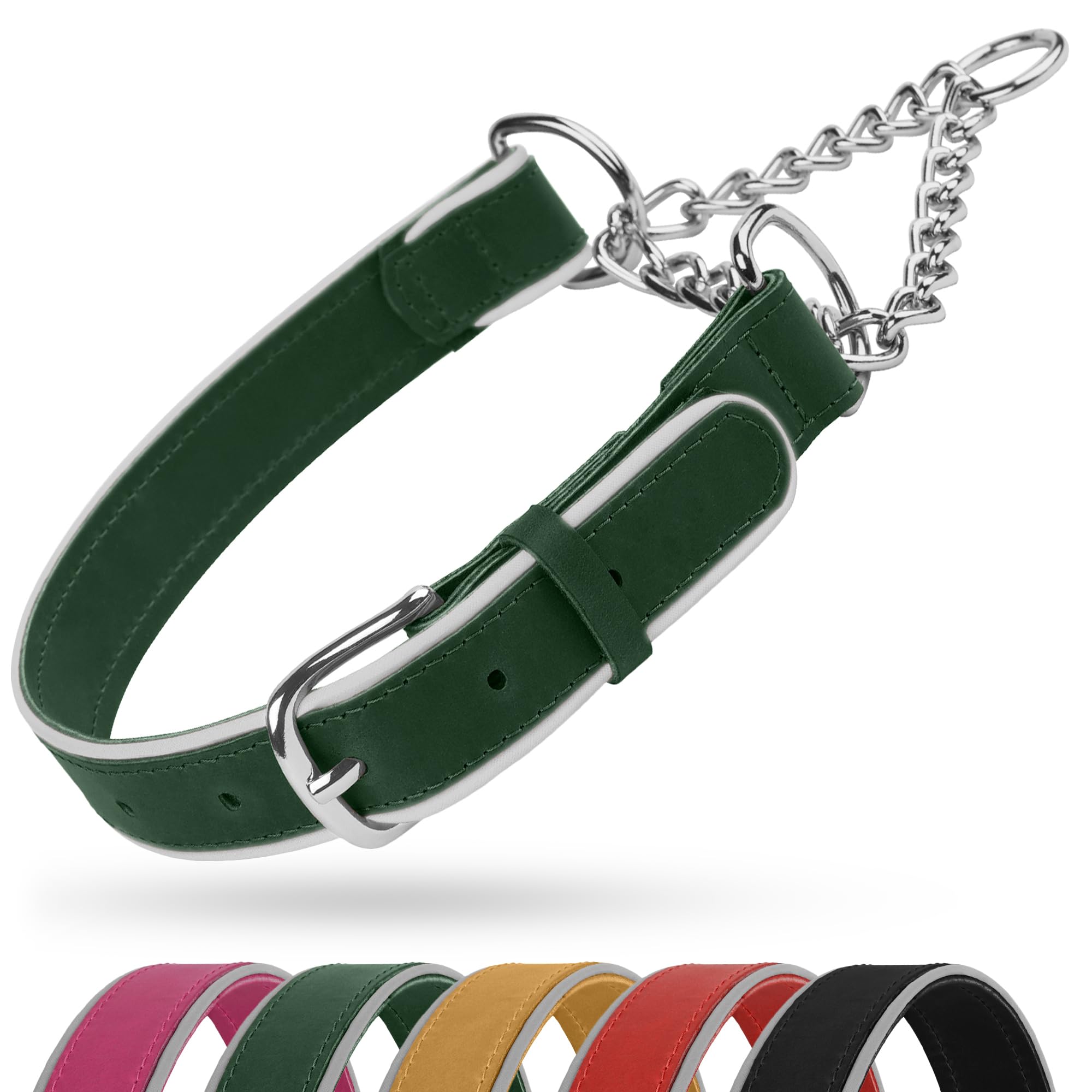 OOPSDOGGY Leather Martingale Dog Collar - Reflective Adjustable No Pull Stainless Steel Chain Training Collars for Small Medium Large Dogs Puppy (Green, Small, 12"-15.5") — image 1