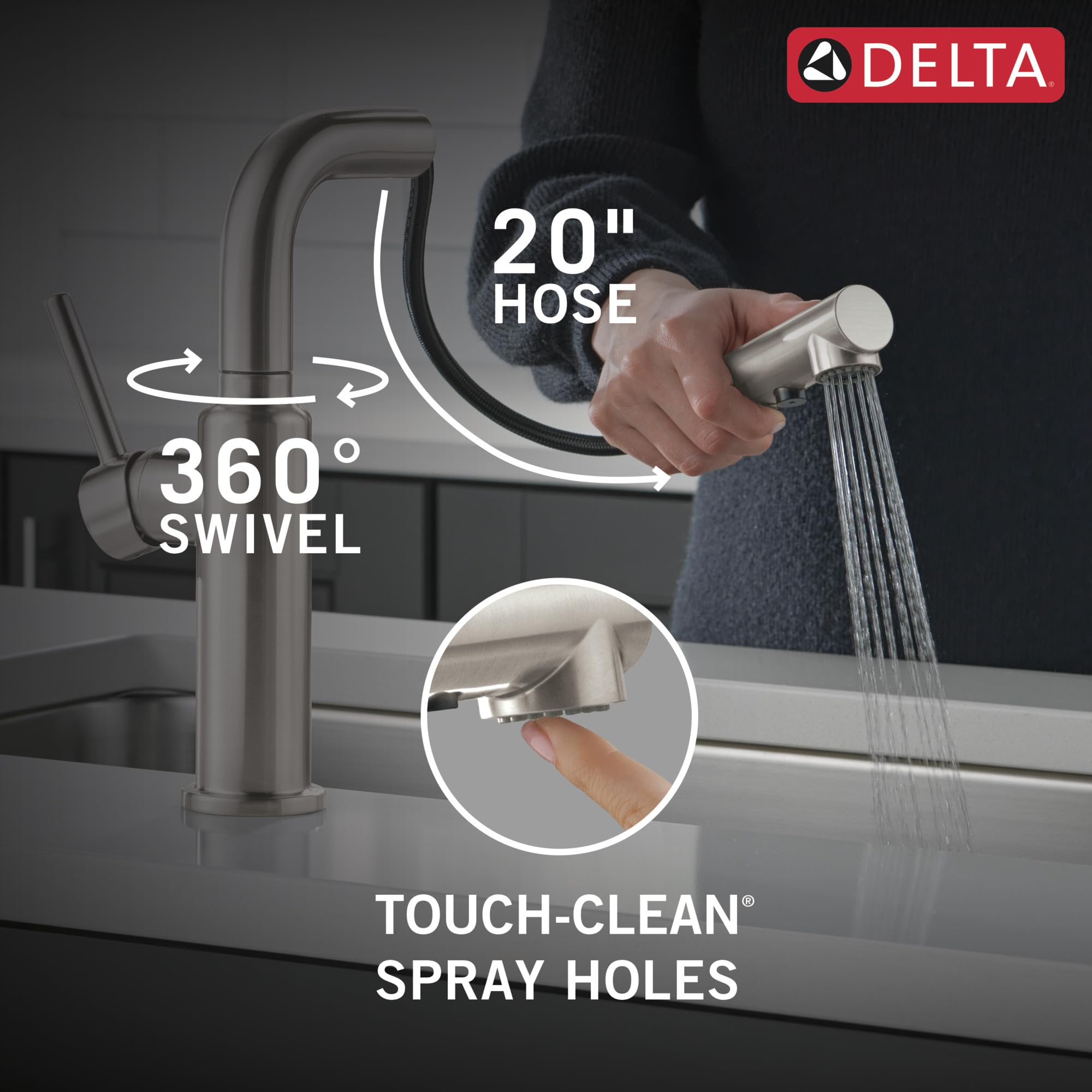 Delta Daneri Brushed Nickel Kitchen Faucet with Pull-Out Sprayer, Modern Single Hole Kitchen Sink Faucet, Single Handle, Stainless 16879-SS-DST