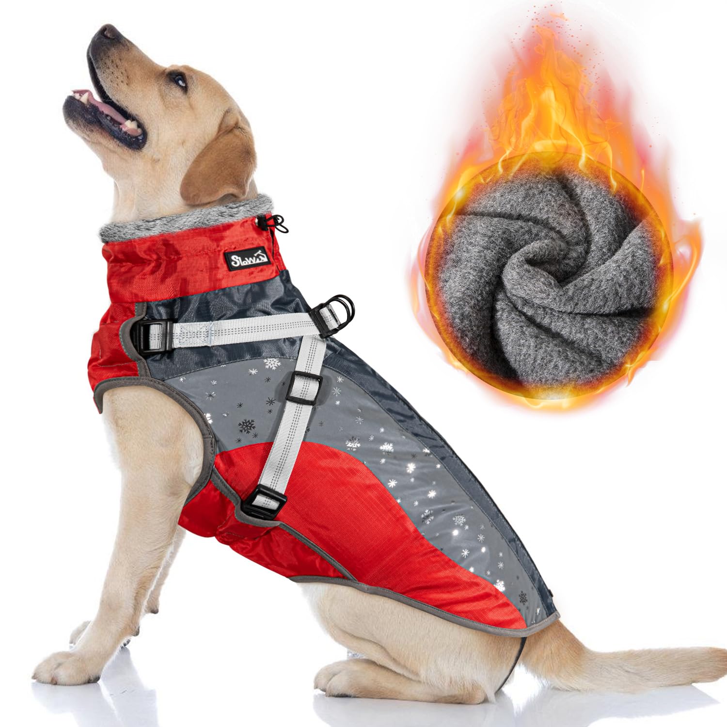 SlowTon Winter Dog Coat with Detachable Harness, Waterproof Fleece lining Warm Dog Clothes for Small Medium Large Dogs, Reflective Adjustable furry Jacket Outdoor Walking Puppy Vest Apparel
