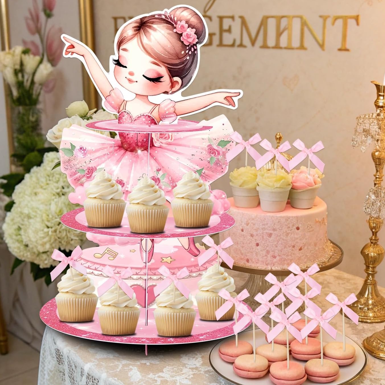Photo 1 of *********PACK OF 2********GRULLIN Pink Ballernia Party Favor Decoration Set- 1PCS Tutu Ballet Dancing 3-Tier Cupcake Stand with Coquette Bow Toppers for Girl Birthday Baby Shower Supplies