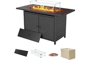 SOINMTY 43 Inch Propane Fire Pit Table, 50,000 BTU Rattan Gas Fire Pit Table with with Glass Wind Guard, Waterproof Cover, La