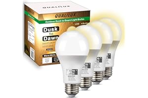 Qualilux Dusk to Dawn LED Light Bulbs Outdoor, Automatic On/Off, 60W Equivalent, Warm White 3000K, Energy Efficient 9.5W, 850 Lumen, A19, E26 Base, 4-Pack, HQ-H009