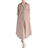 Minibee Women's Plaid Shirts Dress Button Down Long Sleeve Cotton Casual Blouses Dresses with Pockets