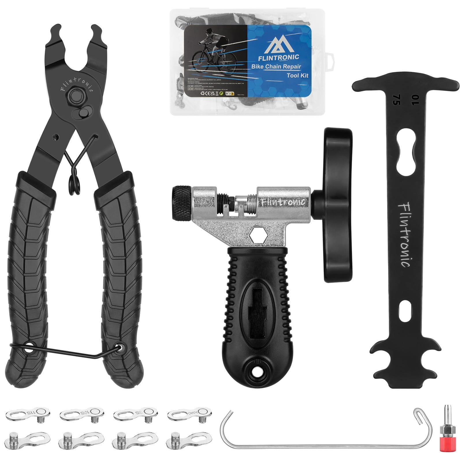 flintronic Bike Chain Tools Set, 4-in-1 Cycling Chain Tool Kit, Bike Chain Splitter+Chain Wear Indicator+Bike Chain Plier+4 Pairs Bicycle Missing Link, Fit for 6/7/8/9/10/11 Speed Chains Link Repair