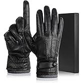 yafeite Winter Genuine Sheepskin Leather Gloves for Men, Warm Cashmere Lined Black Leather Touchscreen Motorcycle Gloves