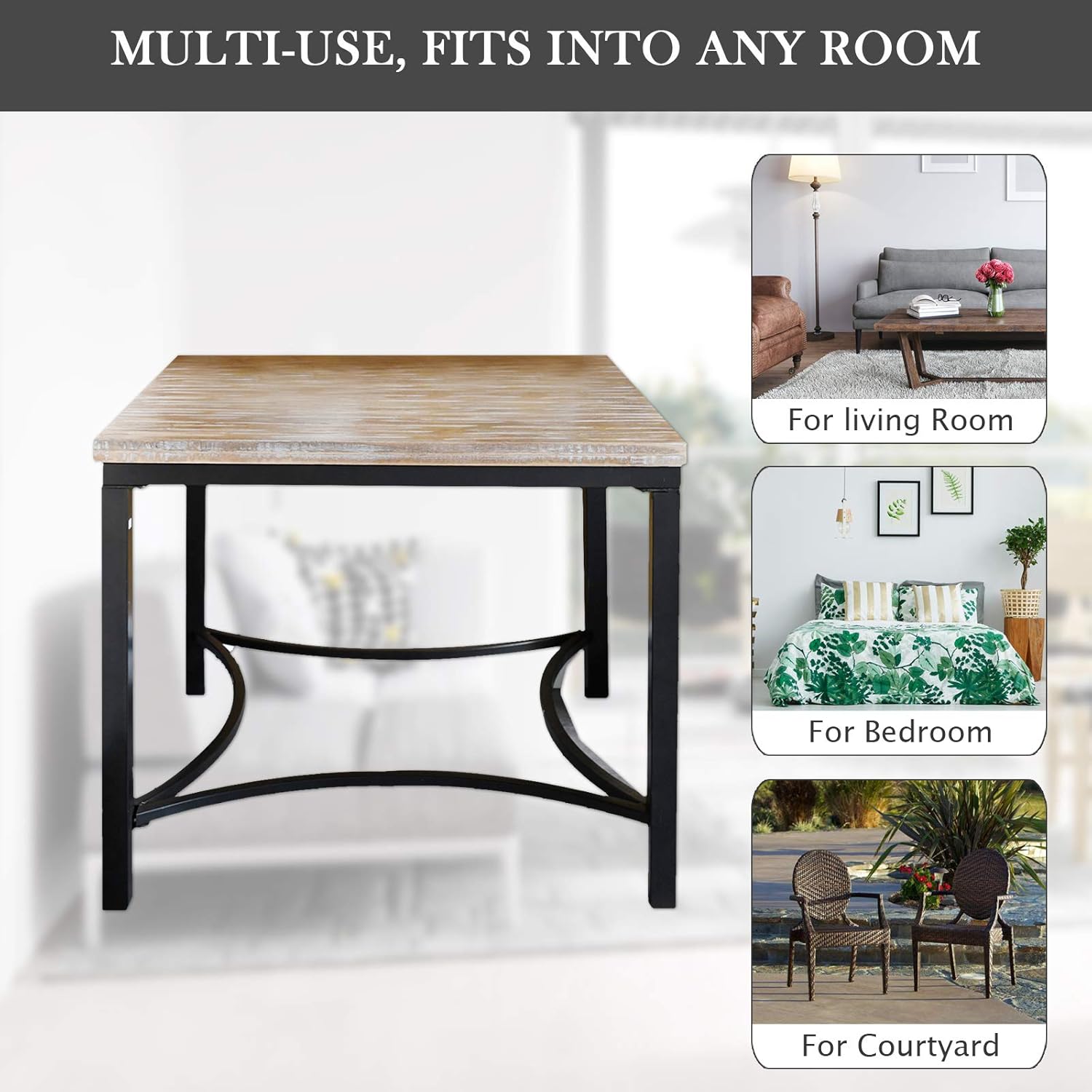 WELLAND 24" Solid Wood Night Stand,Square Rustic Poplar Wood Top Side End Table with Metal Frame for Living Room,Bed Room.: Kitchen & Dining