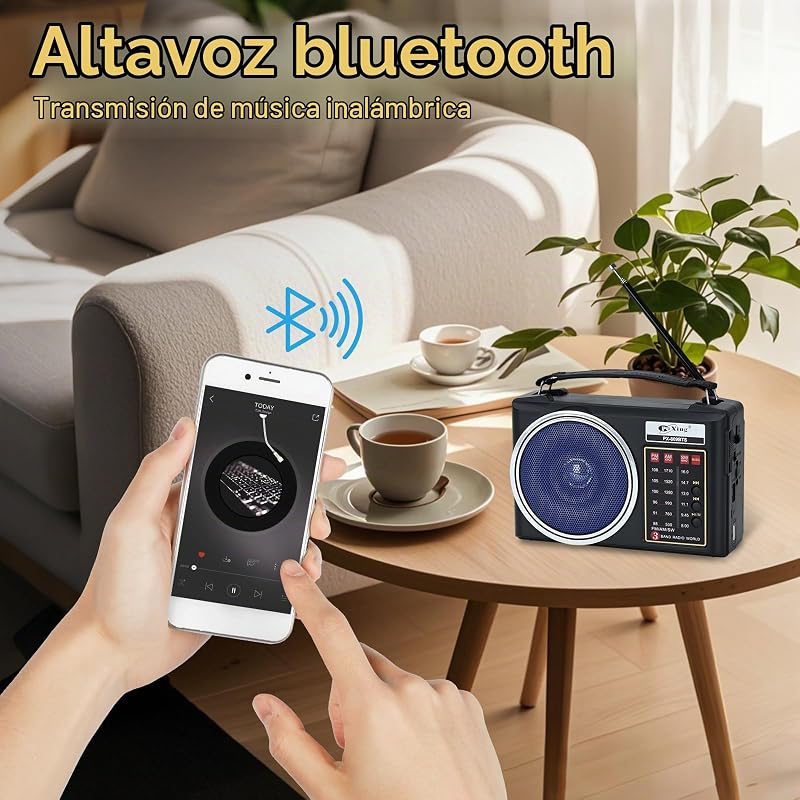 Radio Am/FM/SW Bluetooth Retro portátil y compacta con Panel Solar, iluminación LED portátil, batería Recargable, Reproductor MP3 Compatible con Tarjeta TF/USB (Azul) — foto 3 de 7