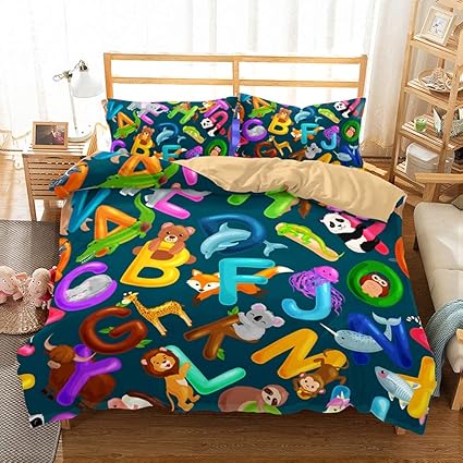 Patatino Mio Kids Bed Set Full Size 3d Cartoon Bear Panda Fox Mouse Lion Abc Letters Bedspread Boys Girls Duvet Cover Set Blue Decorative 3 Pieces