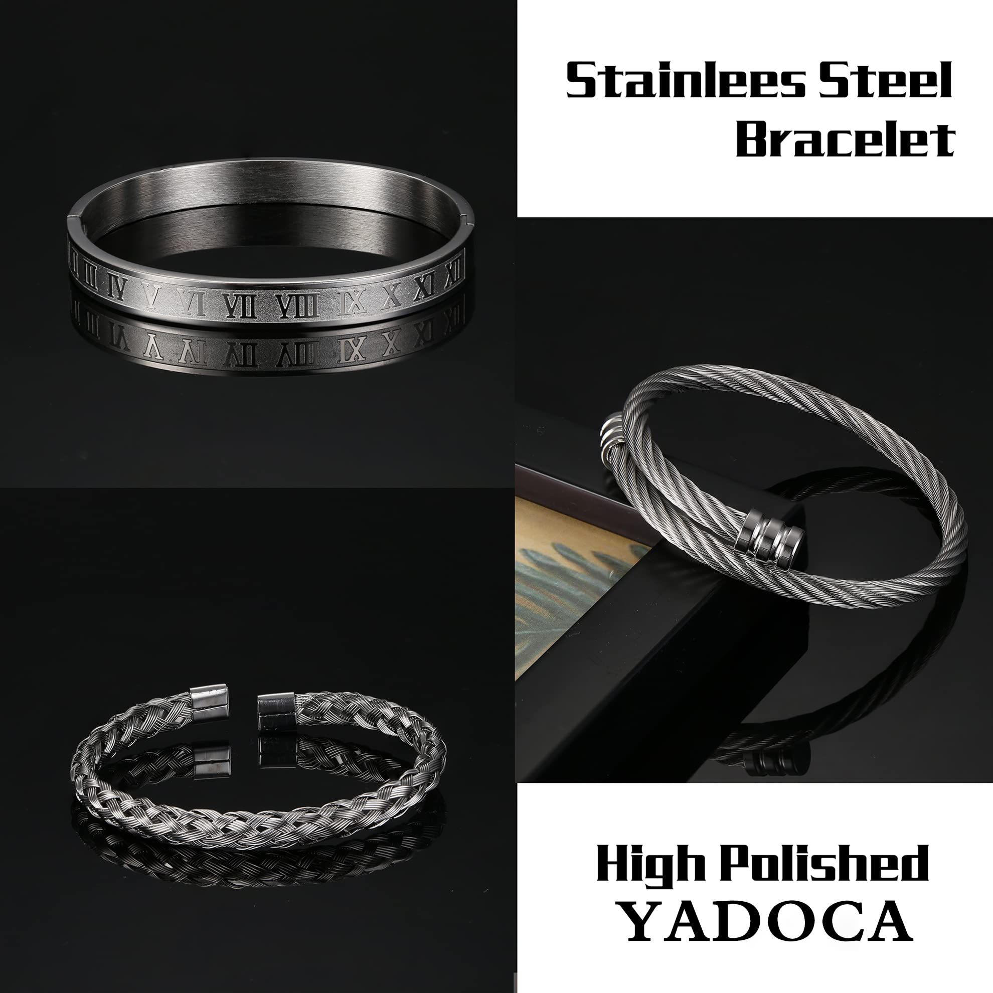 YADOCA 3Pcs Stainless Steel Bracelets for Men Roman Numeral Bangle Bracelet Adjustable Cuff Bracelet Twisted Cable Bracelet Mens Luxury Bracelets Jewelry Gifts Gold/Silver/Black