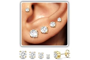 AMASIS Stud Earrings for Women Men, Hypoallergenic Women's 14K Gold Plated 316L Stainless Steel CZ Studs Earrings Simulated Diamond Round Cubic Zirconia Ear Stud Set