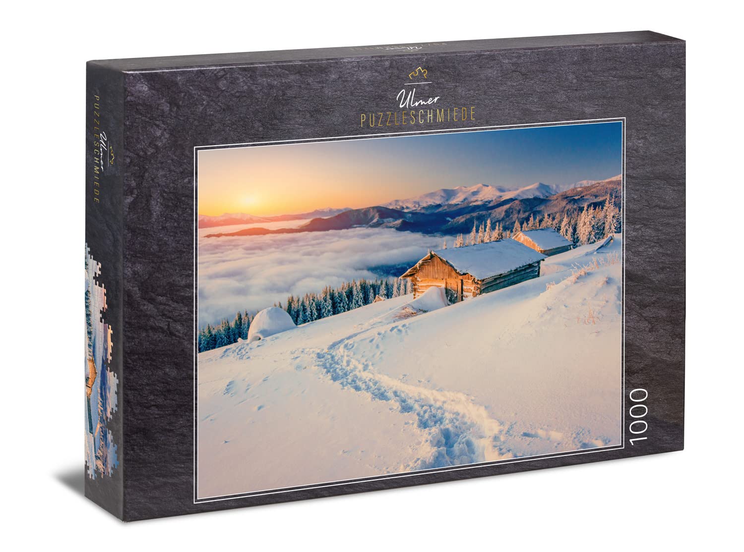 Ulmer Puzzleschmiede - Classic 1000 Piece Puzzle - 'Winter Idyll' - Snow-Covered Mountains with Lonely ALM Hut - Adults' Puzzle
