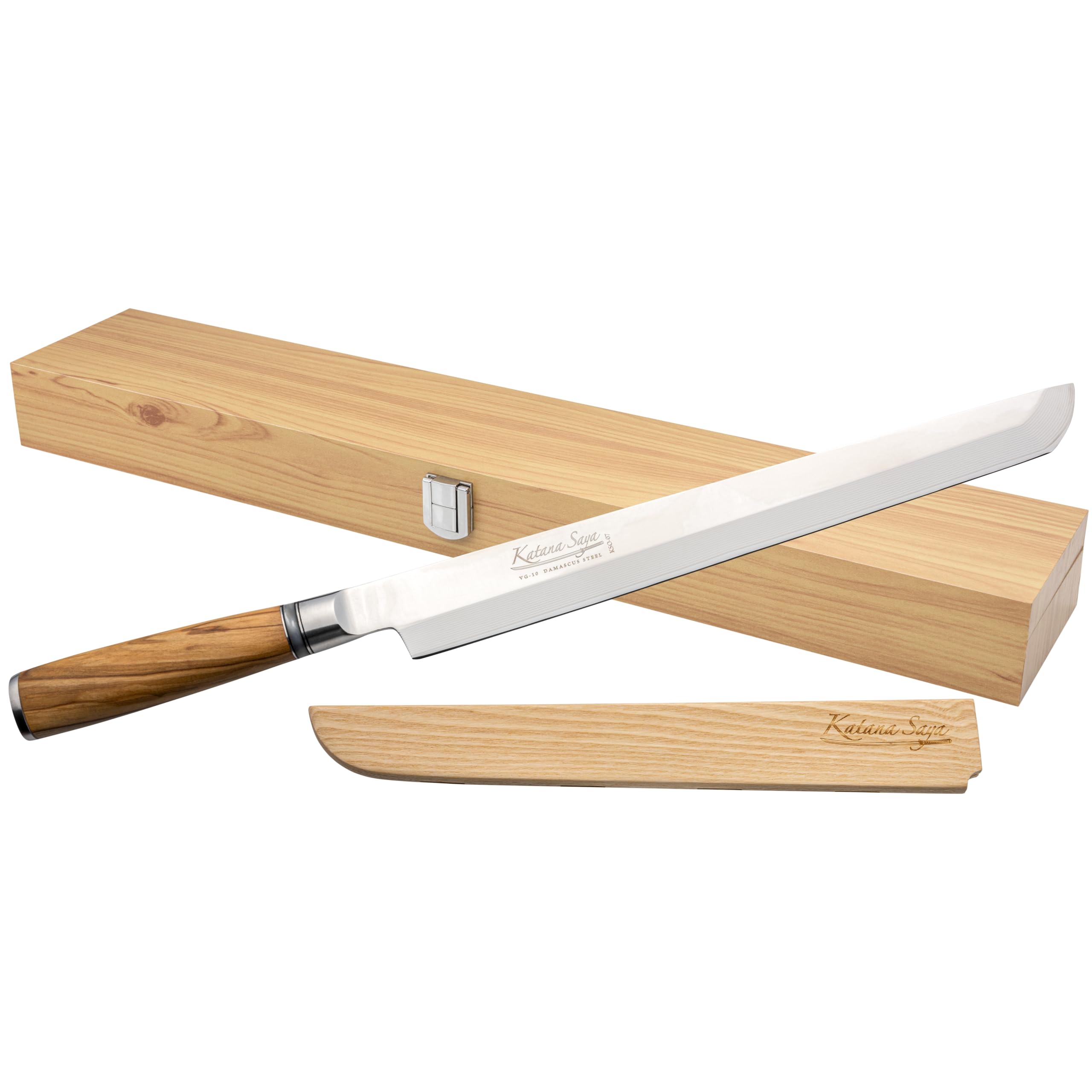 Katana Saya Olive Wood 27cm Tako Sashimi Knife, Japanese 67-Layer VG-10 Damascus Stainless Steel, Natural Olive Wood Handle, Kitchen Knife