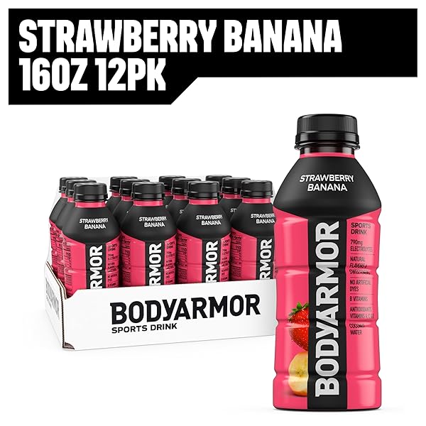 BODYARMOR SPORTS DRINK SPORTS BEVERAGE, STRAWBERRY BANANA, COCONUT WATER HYDRATION, NATURAL FLAVORS WITH VITAMINS, POTASSIUM-PACKED ELECTROLYTES, PERFECT FOR ATHLETES, 16 FL OZ (PACK OF 12)