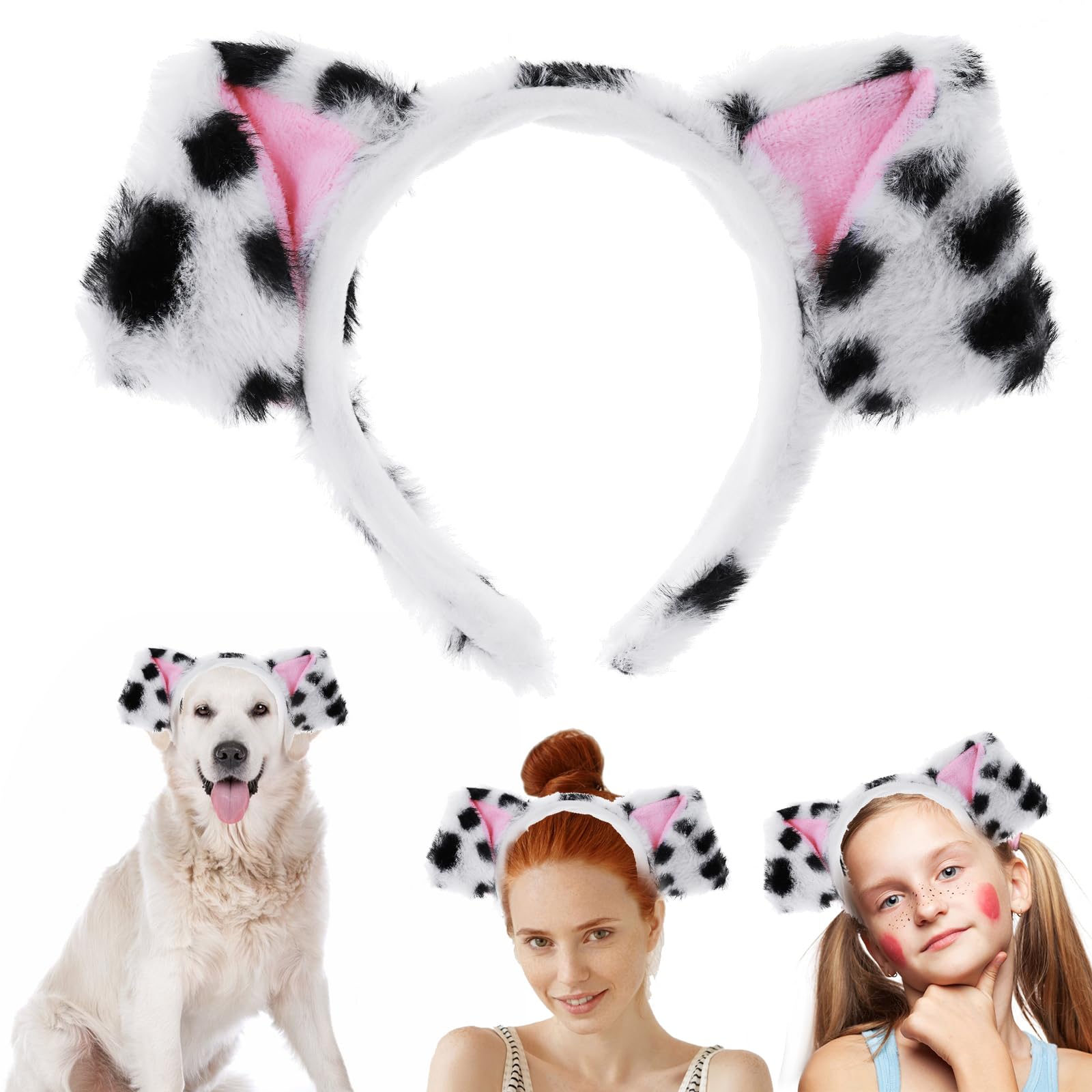 Dimeho Cute Dog Ear Hair Hoop Plush Dalmatians Ears Headband Cartoon Animal Head Wear Black White Spots Hair Band Cosplay Costume Headpiece Soft Headwear for Women Men Party Carnival Halloween