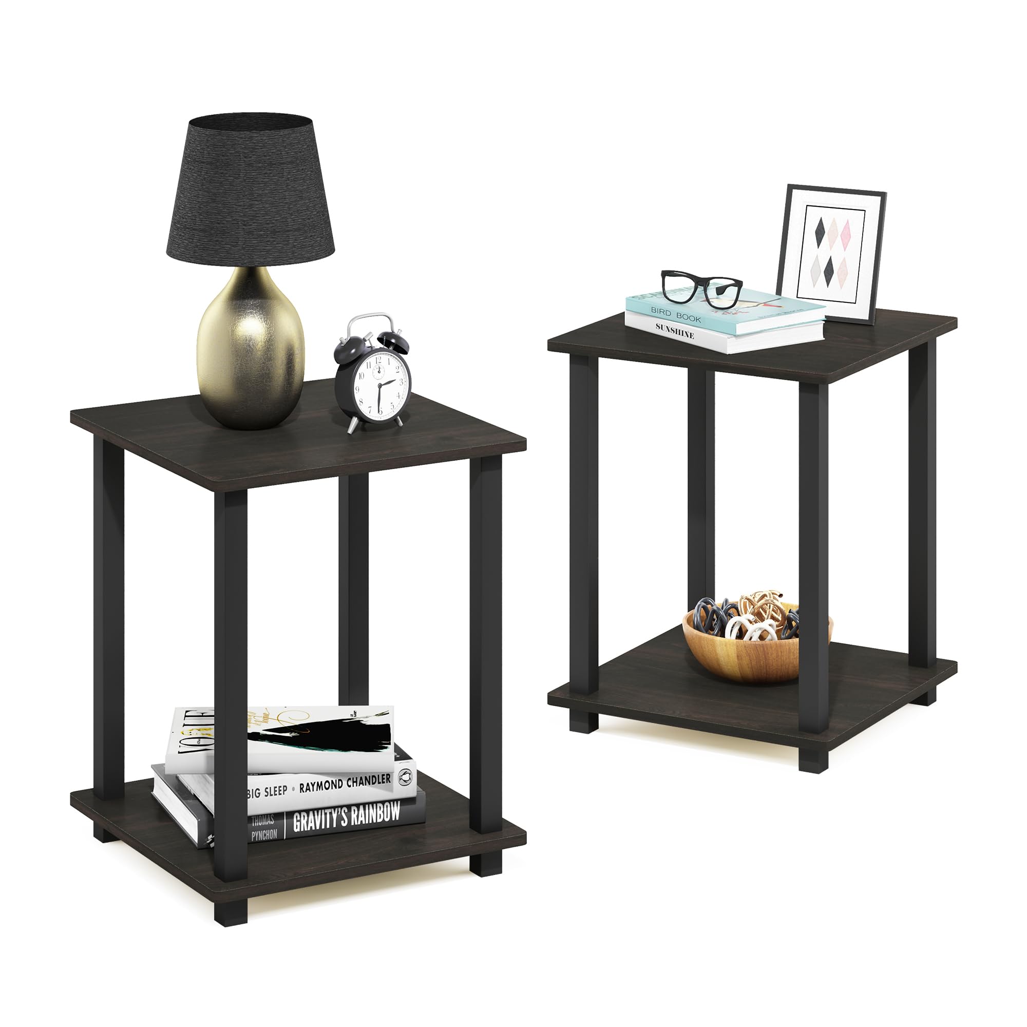 Furinno SIMPLISTIC Side Table Set of 2, 2-Tier End Table, Nightstand, Night Stand, Bedside Table, Easy Assembly, for Living Room, Bedroom, Espresso