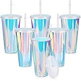 Domensi Iridescent Plastic Cups with Lids and Straws 24 oz Iridescent Reusable Plastic Tumblers Iced Coffee Cups for Shiny Disco Birthday Wedding Bachelorette Party Supplies(6 Pack)