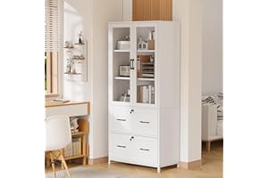 VINGLI Lateral File Cabinet with Glass Doors and 2 Locking Drawers for Hanging File Folders, Bookshelf with Adjustable Shelves for Home Office (White, 30''W x 16''D x 70''H)