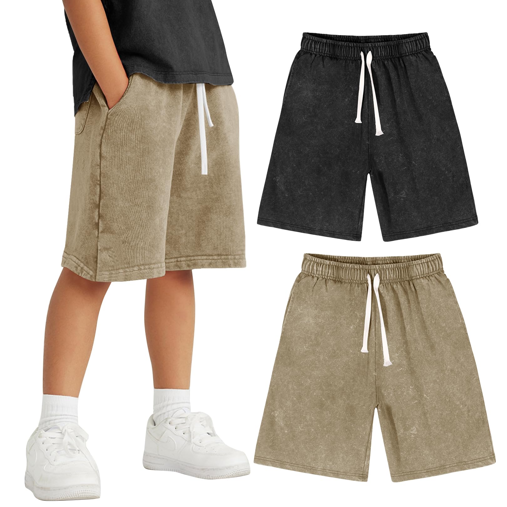 Photo 1 of Flygo 2 Pack Boys Girls Cotton Shorts Acid Washed Active Pull On Jogger Shorts Kids Casual Athletic Loose Fit 5-14Y(Black+Khaki-XL)