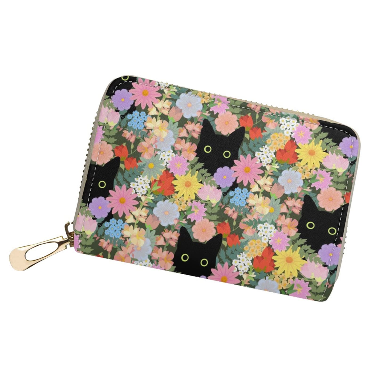 Poceacles Cat Floral Print Mini Credit Card Holder Zipper Card Case Wallet for Women Girls, Casual Portable ID Card Case Work Travel Purse