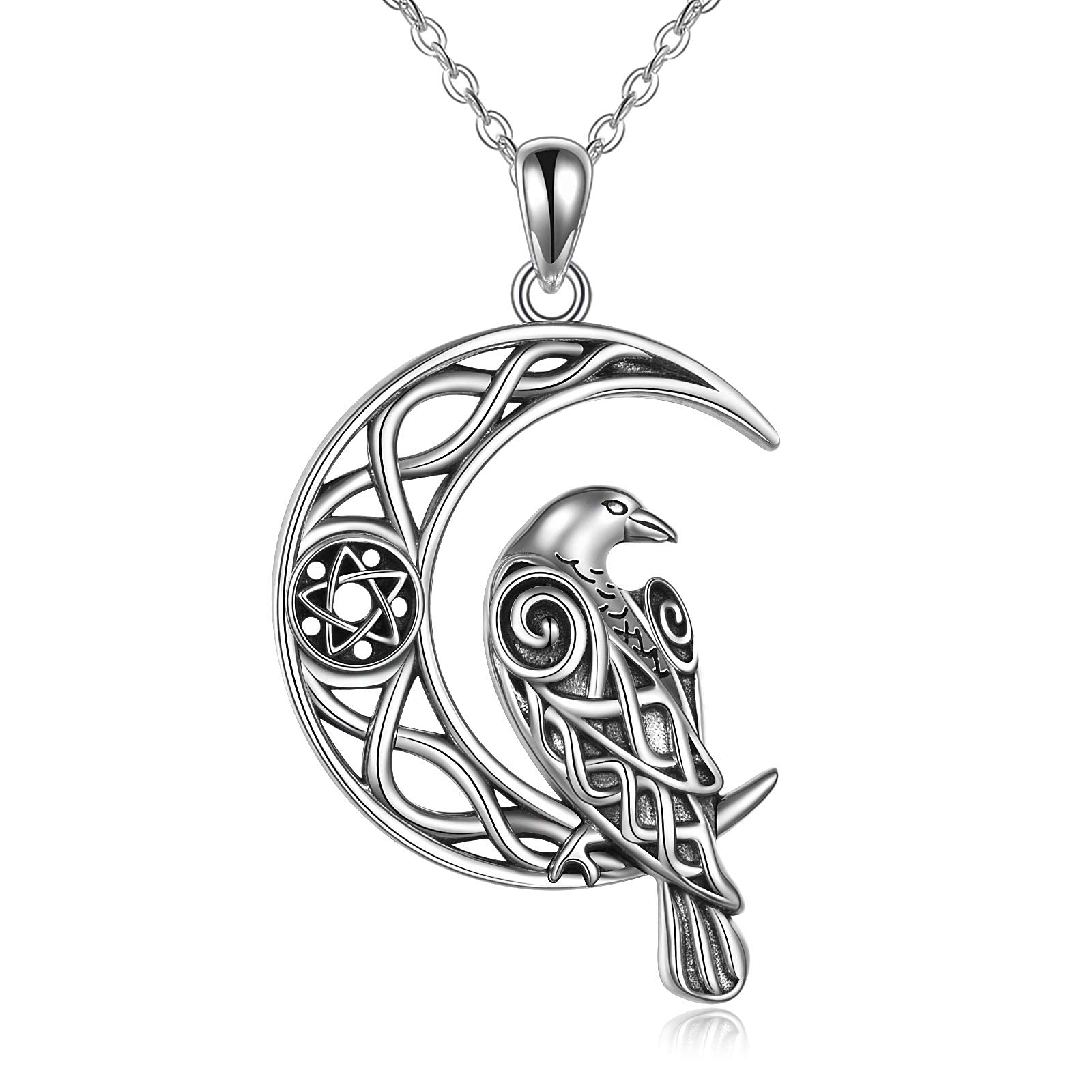 VENACOLY Raven Necklace Sterling Silver Celtic Raven Crow Pendant Crescent Moon Norse Viking Amulet Wiccan Mother's Day Jewellery Birthday for Women Men