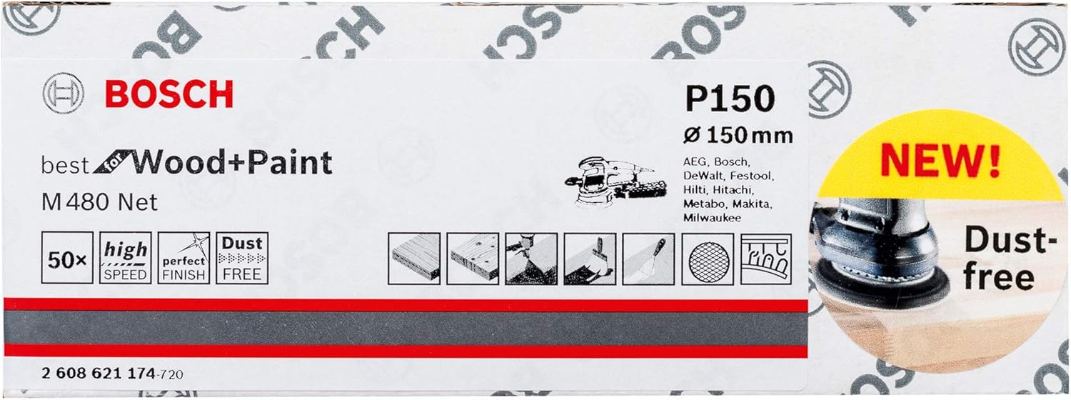 Bosch Professional 50 Pieces Sanding Sheet M480 Best for Wood and Paint (Wood and Paint, diameter 150 mm, grit P150