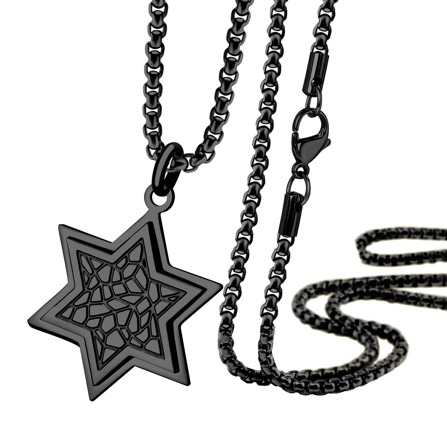 555Jewelry Stainless Steel Star of David Necklace for Men & Women, Box Chain Patterned Star Of David Necklace for Women, Small Jewish Star Necklace, Mens Jewish Star Necklace, 20 Inch, Black