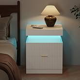 Lezyhaus Wooden Nightstand with Charging Station &amp; LED Lights, Modern Fluted Bedside Table with Sliding Top &amp; Drawers for Bedroom &amp; Living Room, White